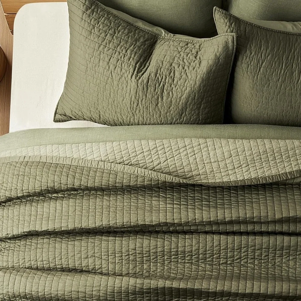 🆕 PB Style Quilt Set Olive Green Sateen Cotton Channel King 3 Piece Bedding NEW